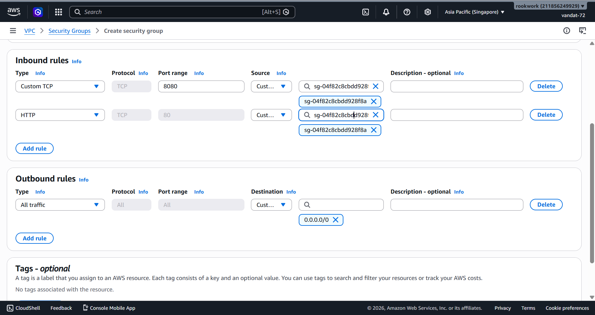 Inbound rules of backend-sg: Ports 8080 and 80 only from rookwork-alb-sg