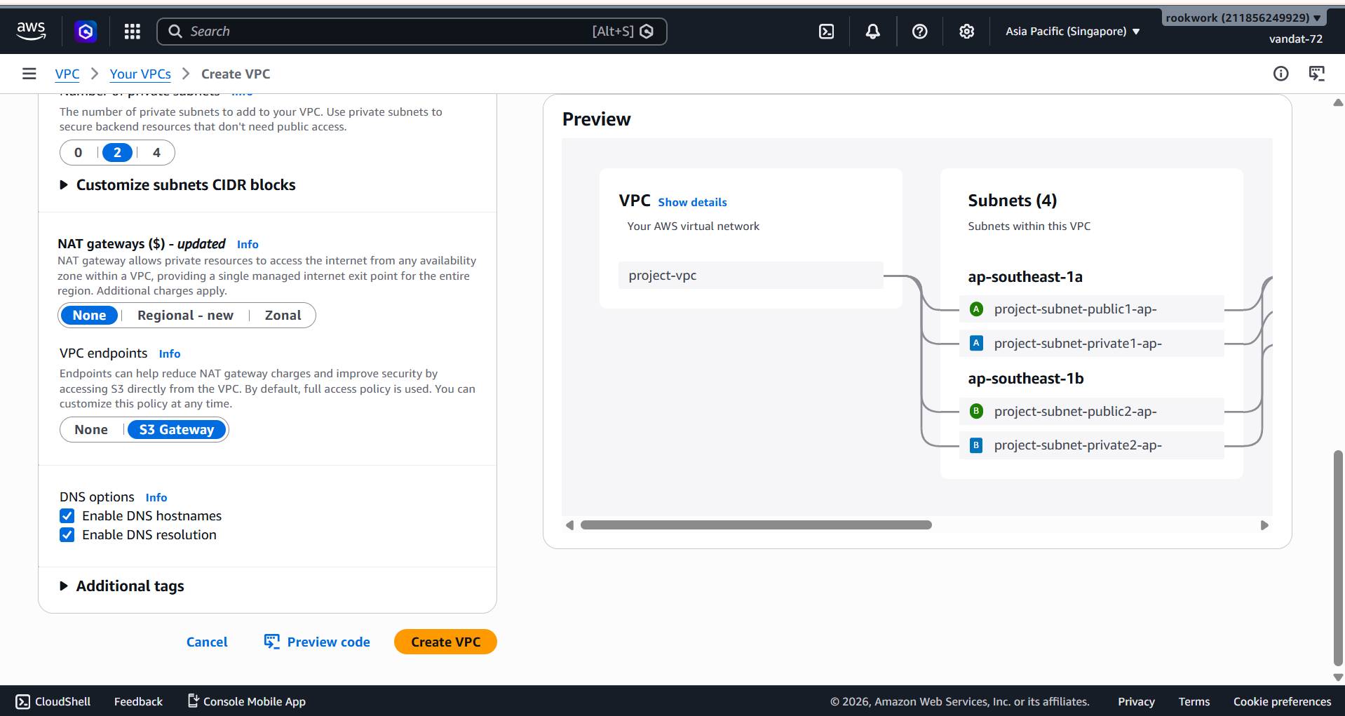 Configure NAT Gateway to None, VPC Endpoint to S3 Gateway, and DNS options