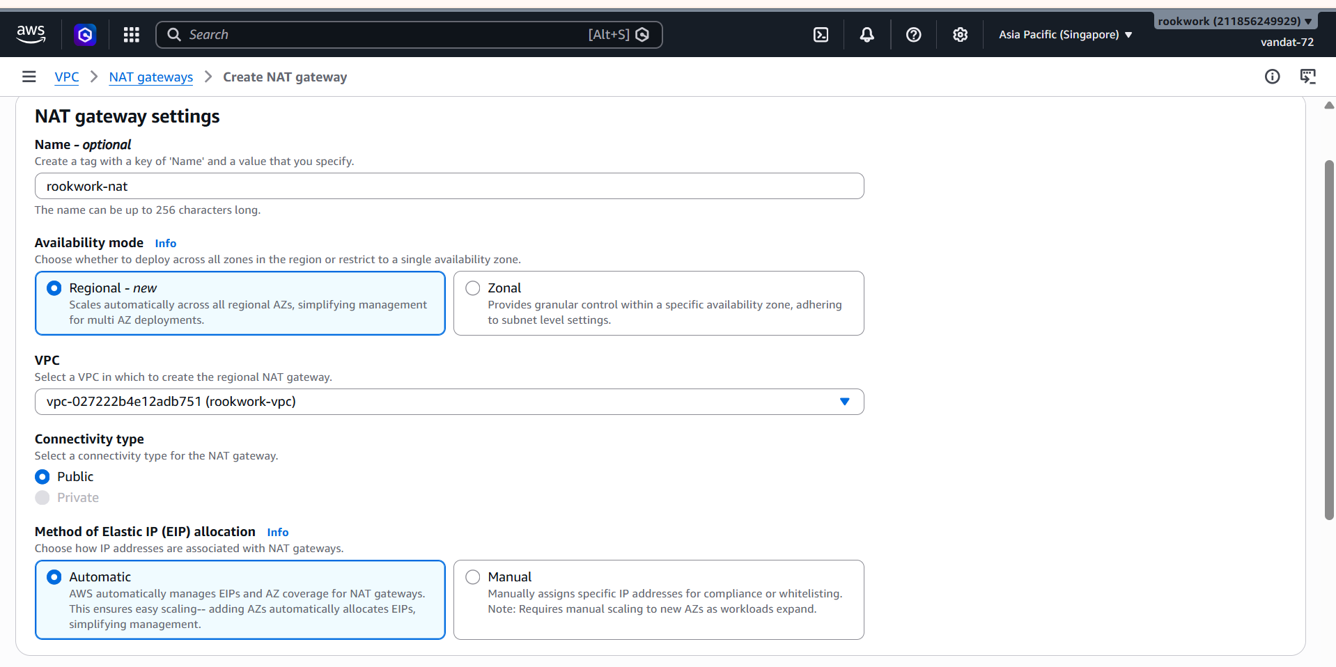NAT Gateway Configuration – Name, Availability mode, VPC