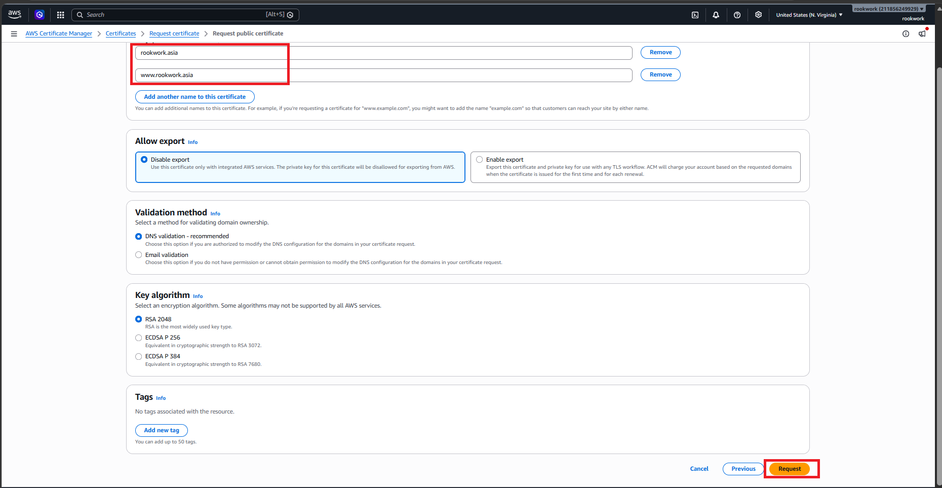 Enter Domain Name and Choose DNS Validation