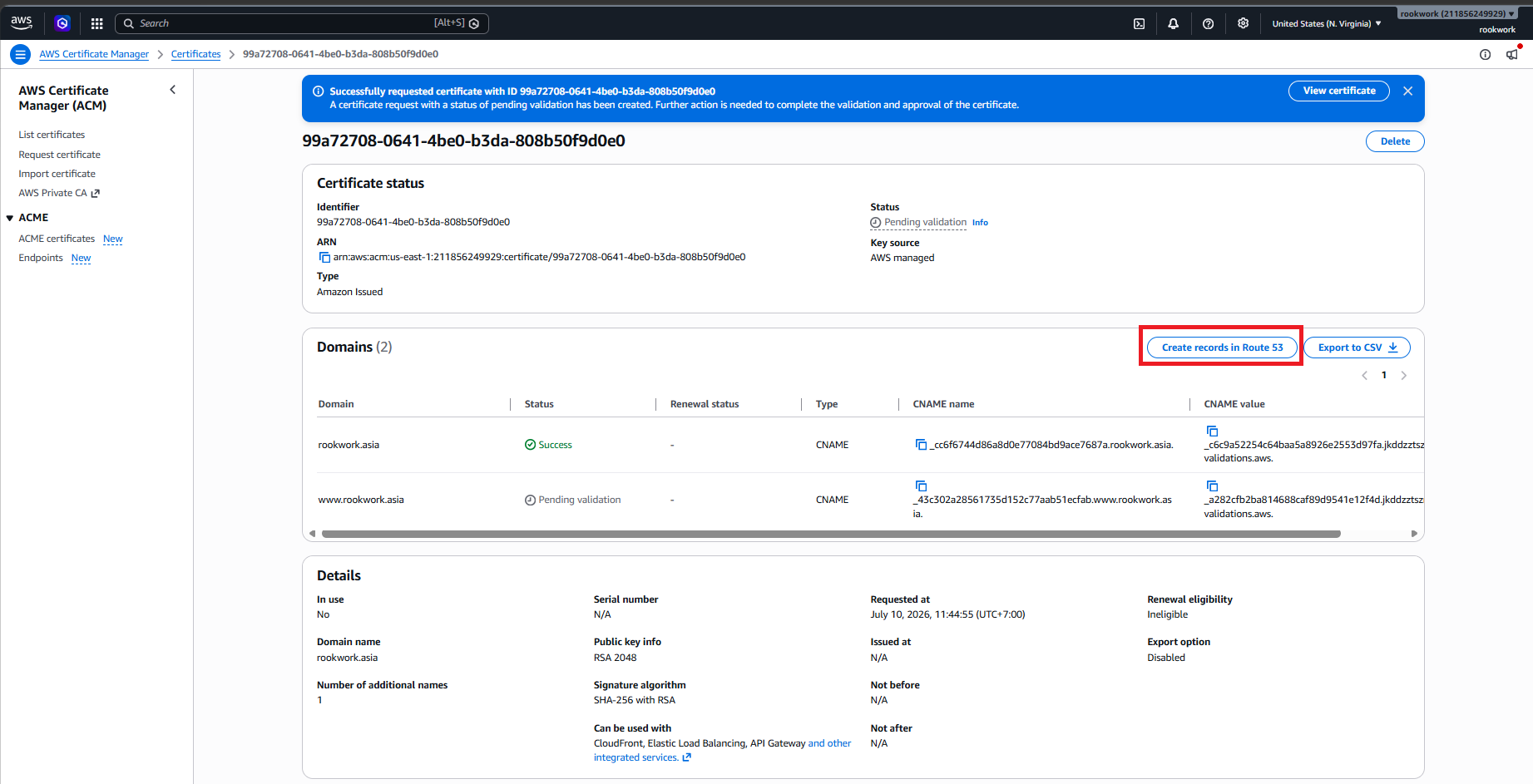 Create DNS validation records in Route 53