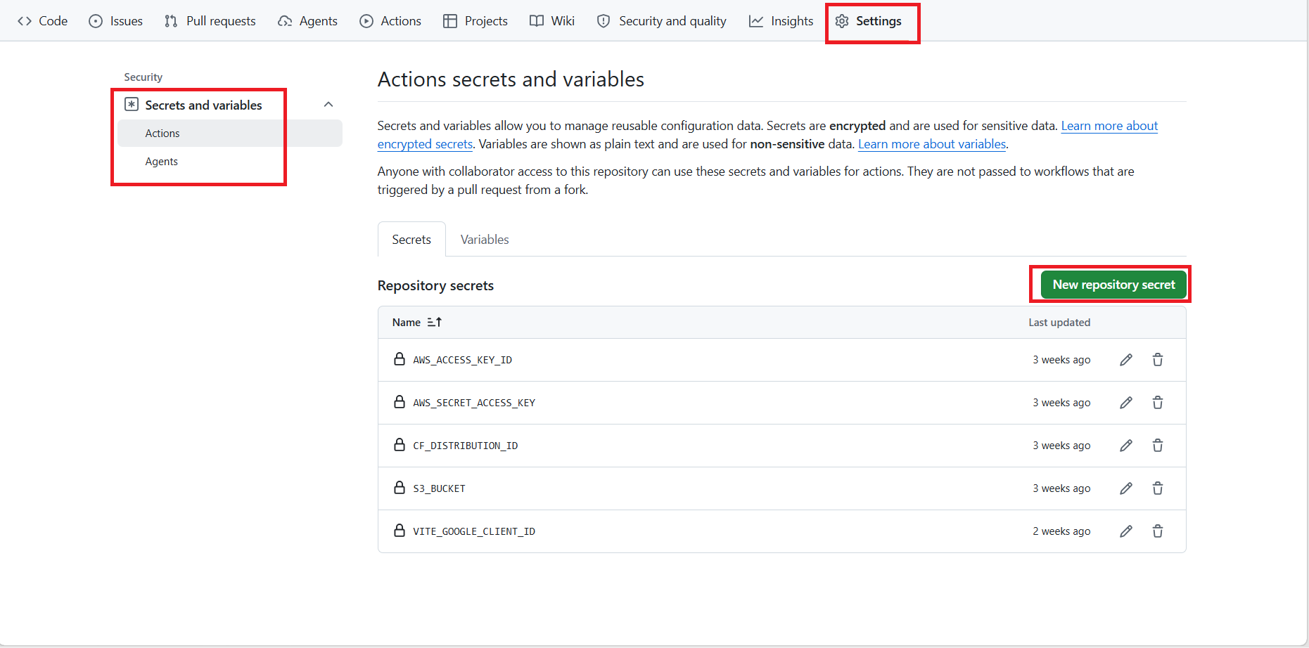 Navigate to Settings and Secrets Actions on GitHub